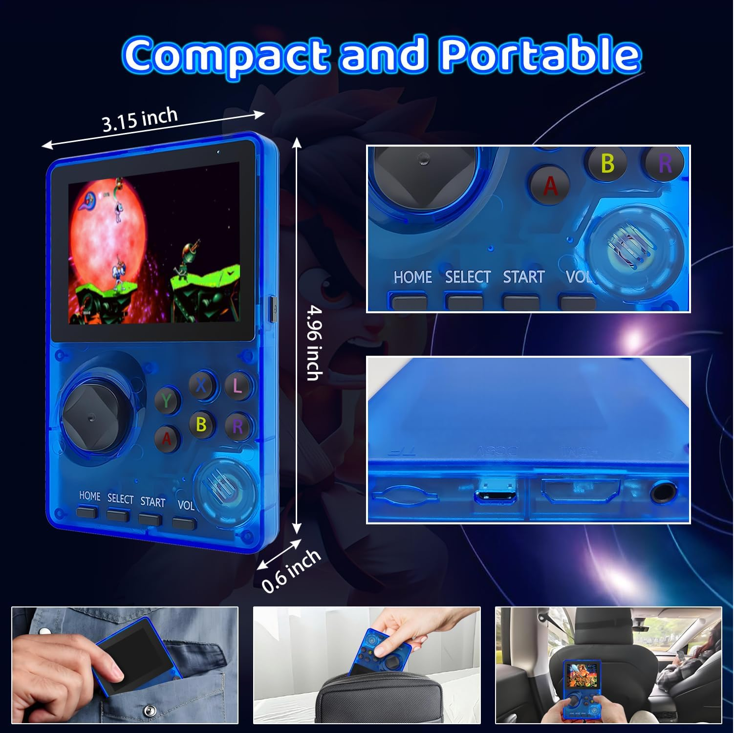 Retro Handheld Game Console with 100 Classic 16-Bit Games, 2.8" Screen, Blue