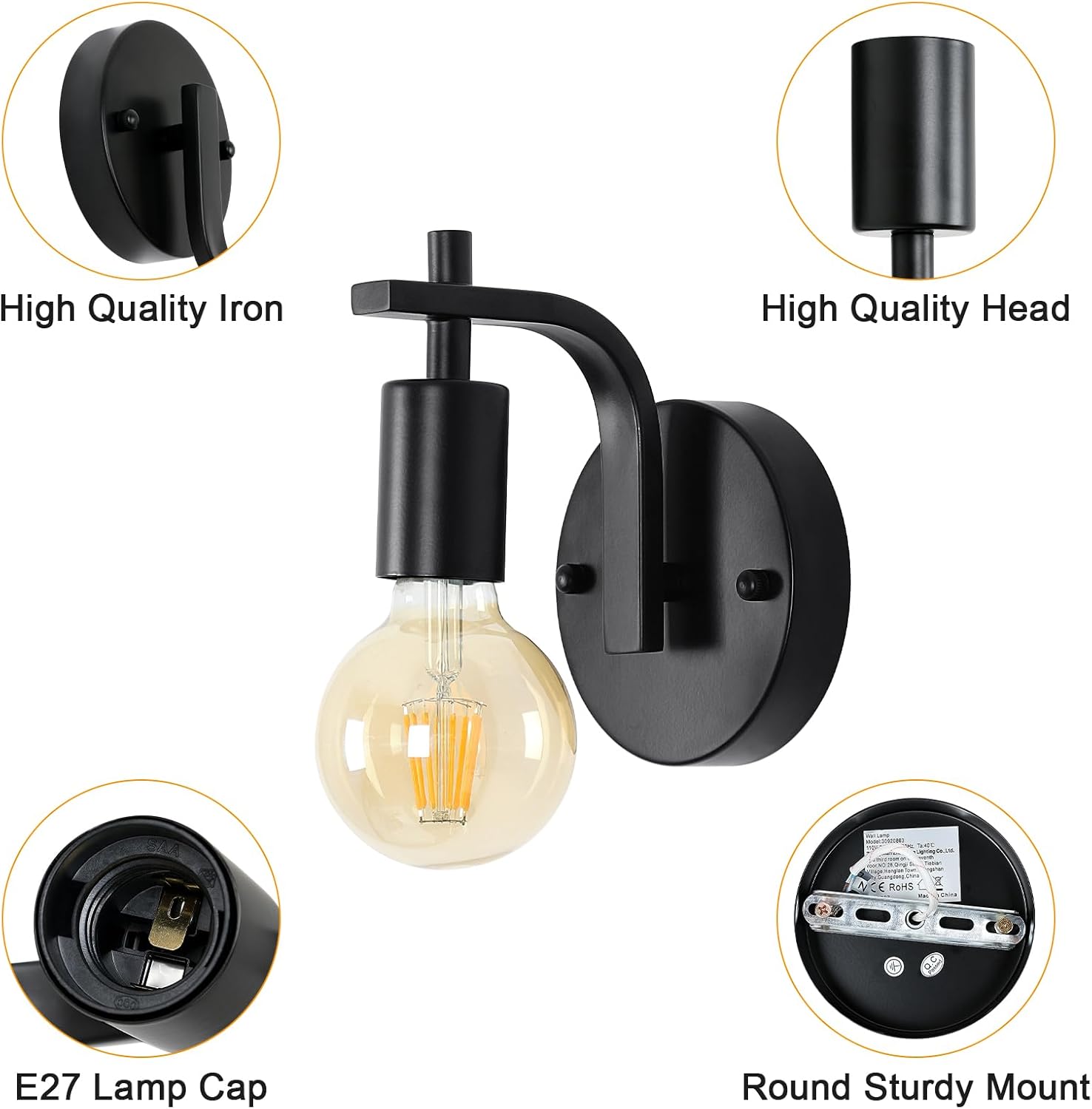 Black Industrial Wall Lights, Vintage E27 Sconce Set