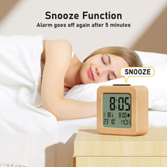 Wooden Digital Alarm Clock – Battery Powered, LCD Backlit, Temperature, Date, Snooze, 12/24H