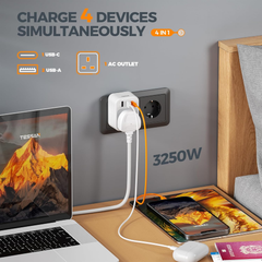 UK to EU Plug Adapter 2 Pack, 4-in-1 Europe Travel Adapter with 3 USB & USB-C