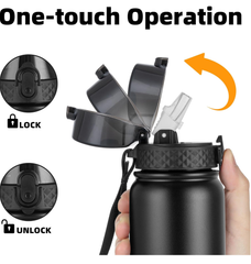 1L Stainless Steel Insulated Water Bottle – Black Leakproof Flask with Straw Lid