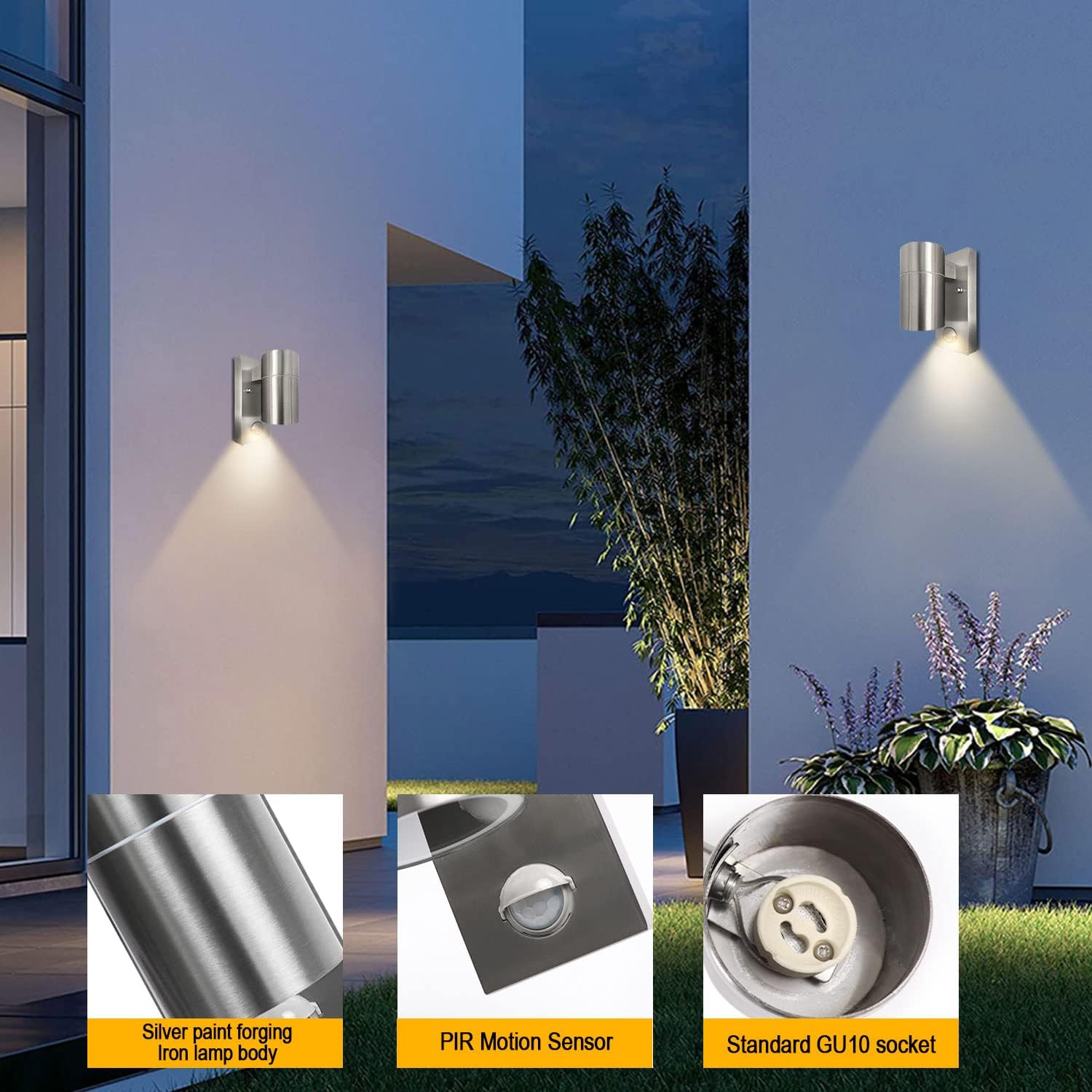 Outdoor Motion Sensor Wall Lights, Downward Outside Lighting Mains Powered, IP44 Silver Stainless Steel Down only GU10 Base, Exterior PIR Detector Security Fixture for Front Door, Porch, Garden