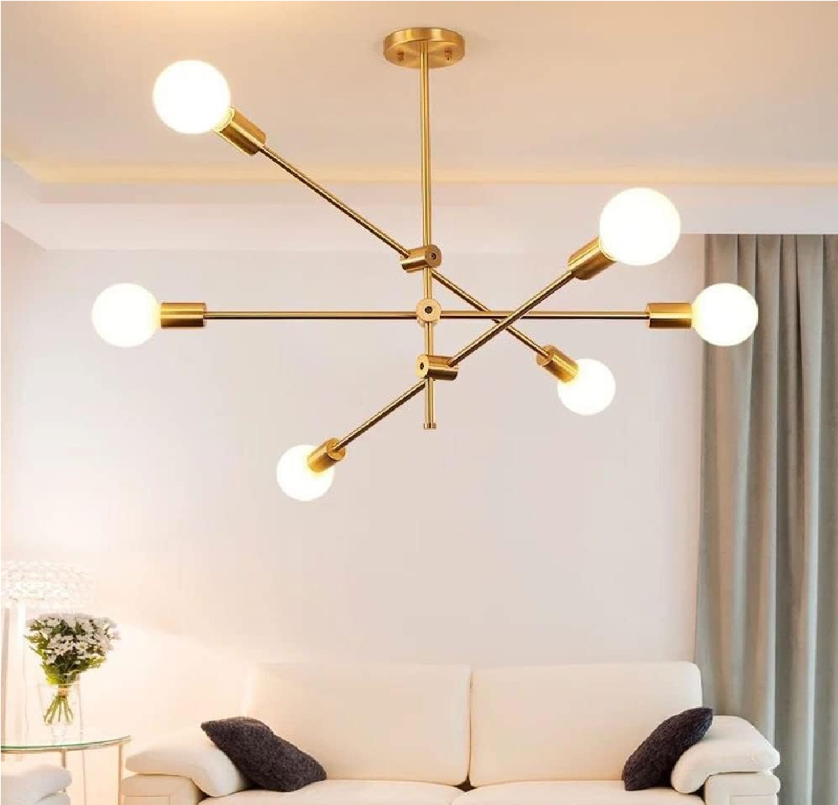 Semi-Recessed Sputnik Chandelier with 6 Lights – Antique Brushed Gold Modern Ceiling Fixture for Living Rooms, Bedrooms, and Dining Spaces