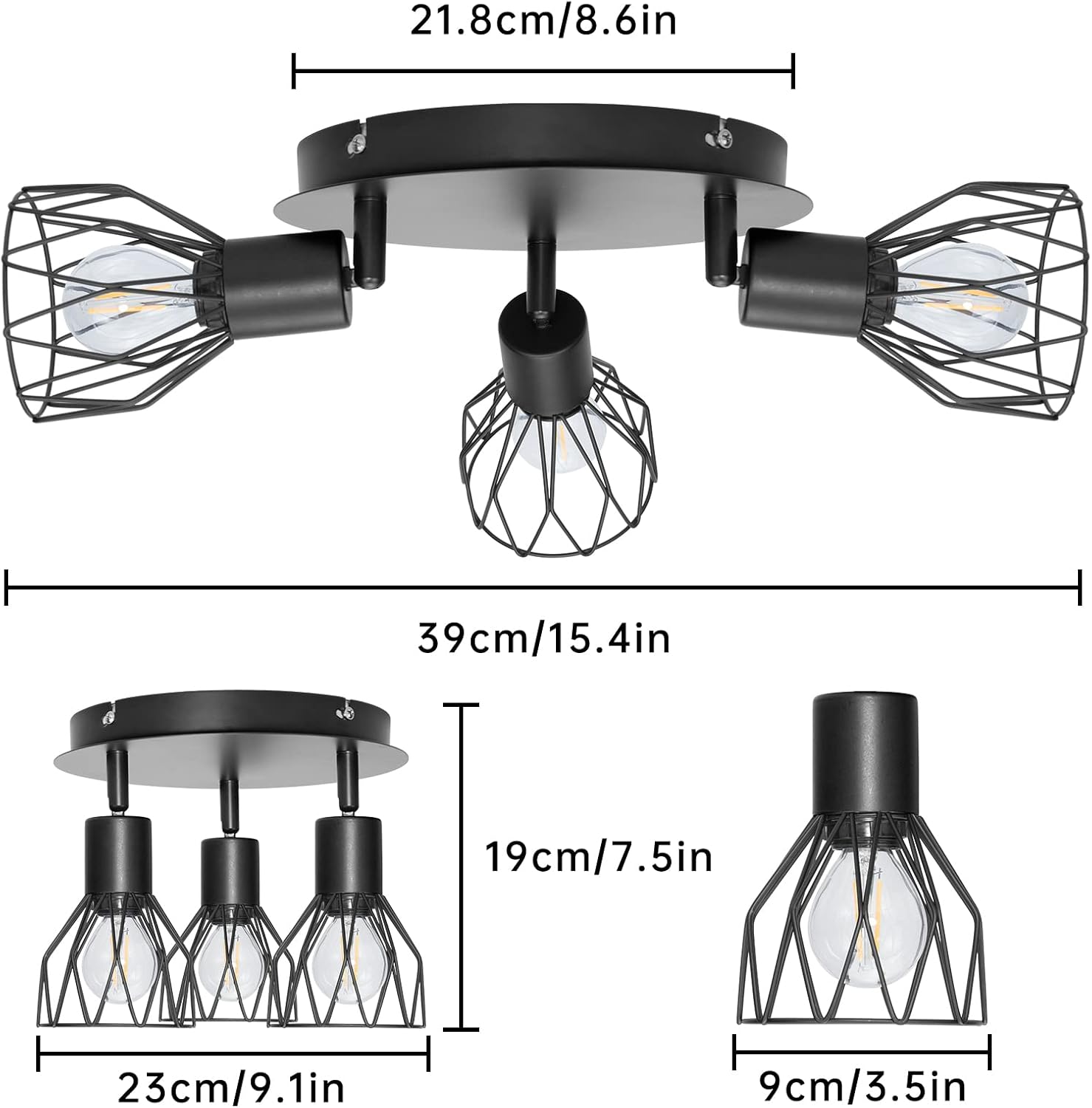 Spot Light Fittings for Ceilings Adjustable Metal Wire Cage Kitchen Spotlight Ceiling Lights with E14 Base Black 3 Way Ceiling Light Industrial