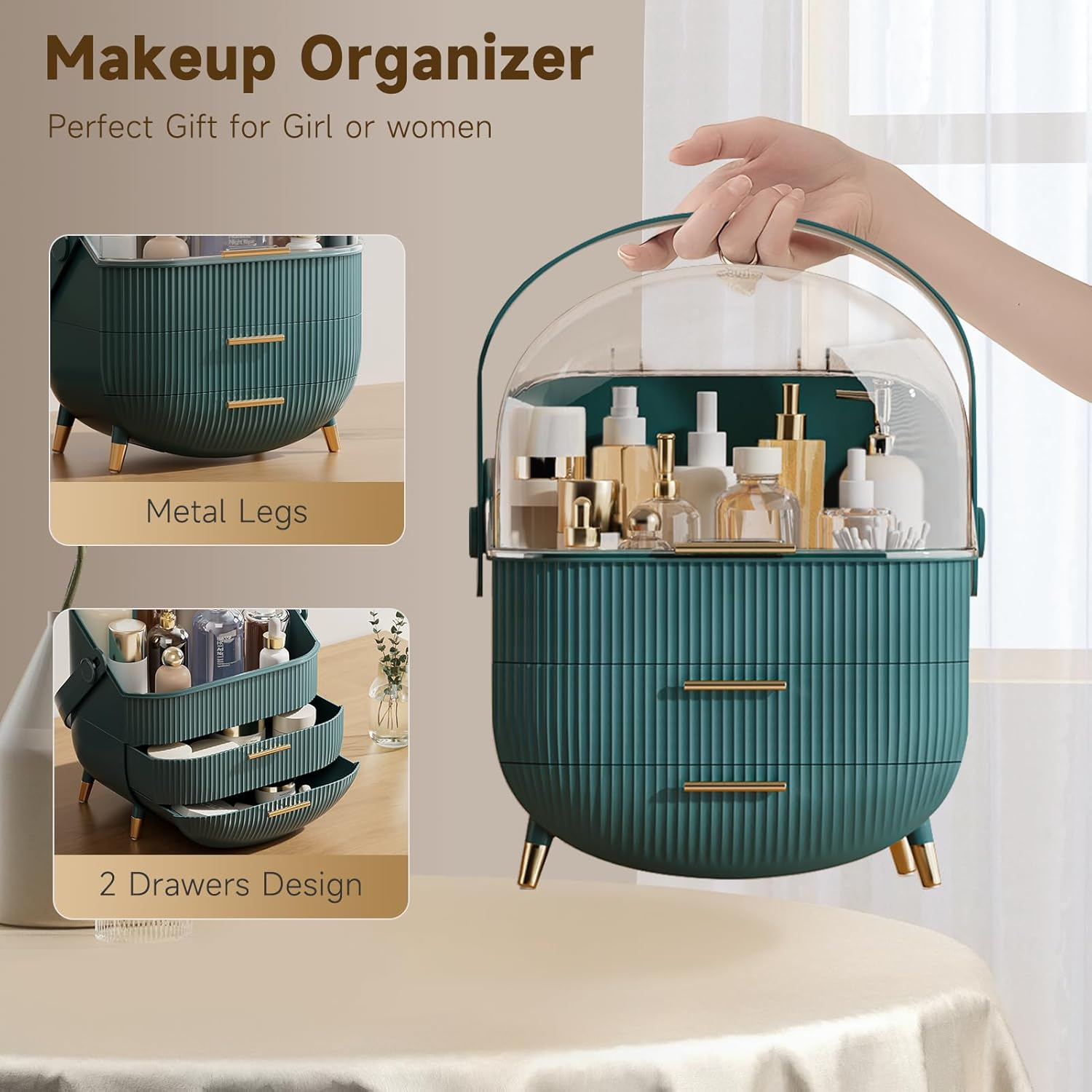 Dustproof Makeup Organizer Box with Lid – Skincare & Jewelry Storage (Green)