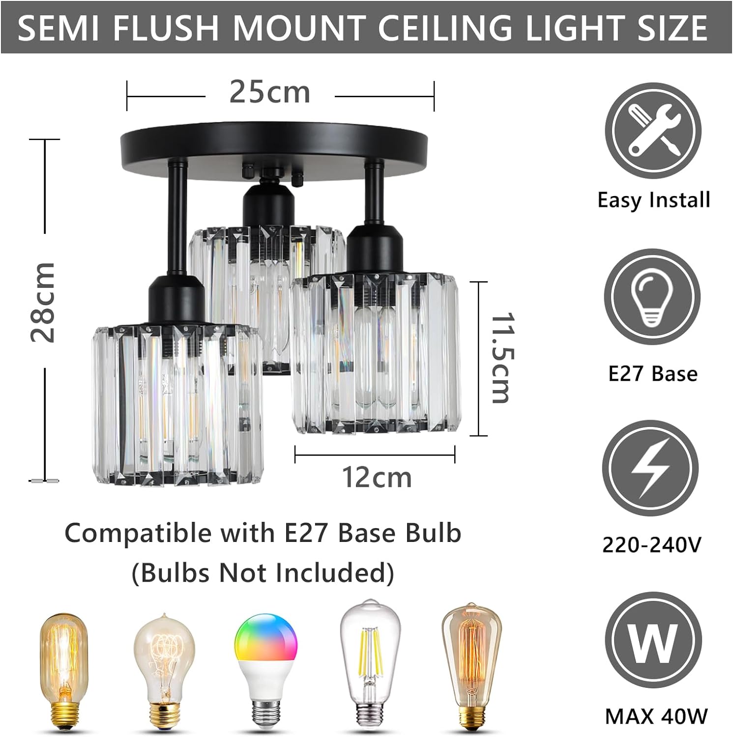 Modern Crystal Chandeliers Ceiling Light, 3-Lights Crystal Ceiling Lights Living Room, Black Semi Flush Ceilings Light Fittings for Hallway