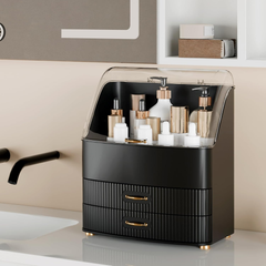 Black Makeup Organizer Box with Lid and Drawers for Vanity Storage