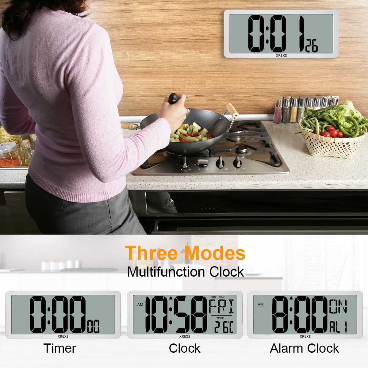 Extra Large LCD Digital Wall Clock with Time, Date & Temperature Display (Battery)