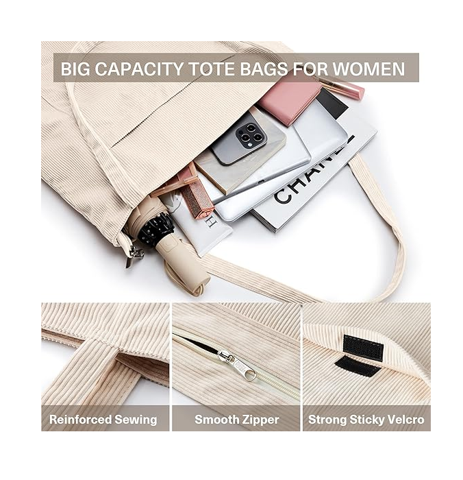 Corduroy Tote Bag with Zipper – Large Waterproof Shoulder Bag for Women