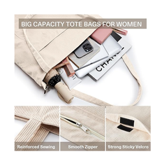 Corduroy Tote Bag with Zipper – Large Waterproof Shoulder Bag for Women