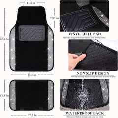 Luxury Bling Diamond Car Floor Mats – 4PCS Sparkly Rhinestone Waterproof Set for Cars, SUVs & Vans (Black Silver)