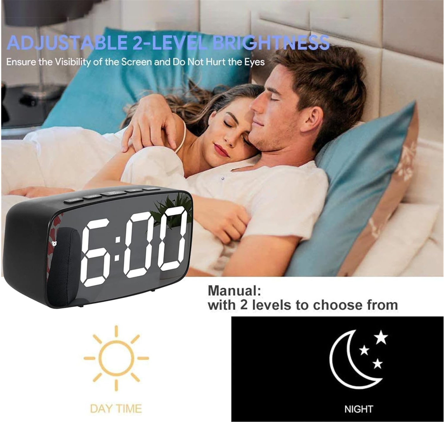 LED Mirror Alarm Clock with Snooze, Voice Control & Adjustable Brightness