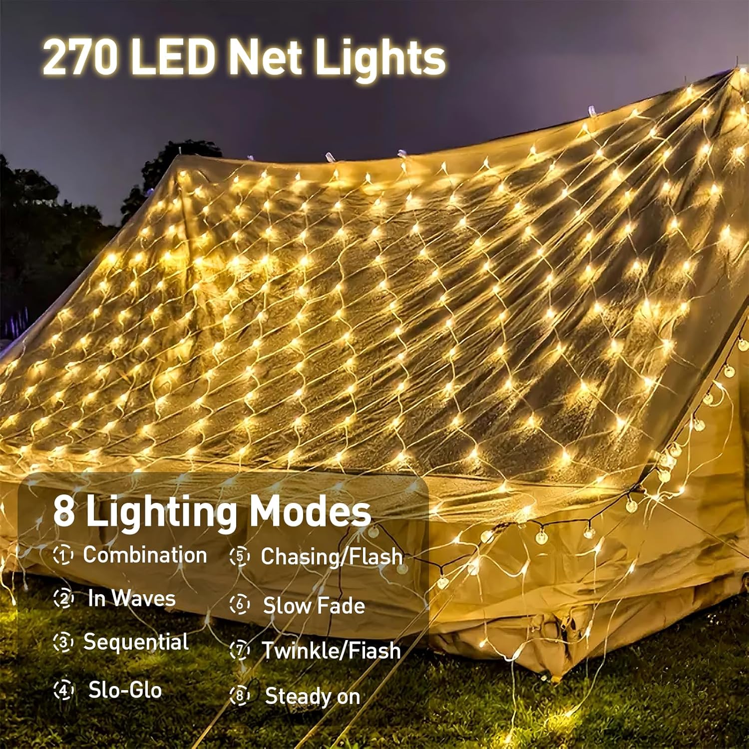 LED Net Fairy Lights – 270 Warm White, 8 Modes