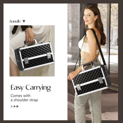 Large Black Makeup Organizer Box – Vanity Case with 4 Trays, Locks & Shoulder Strap