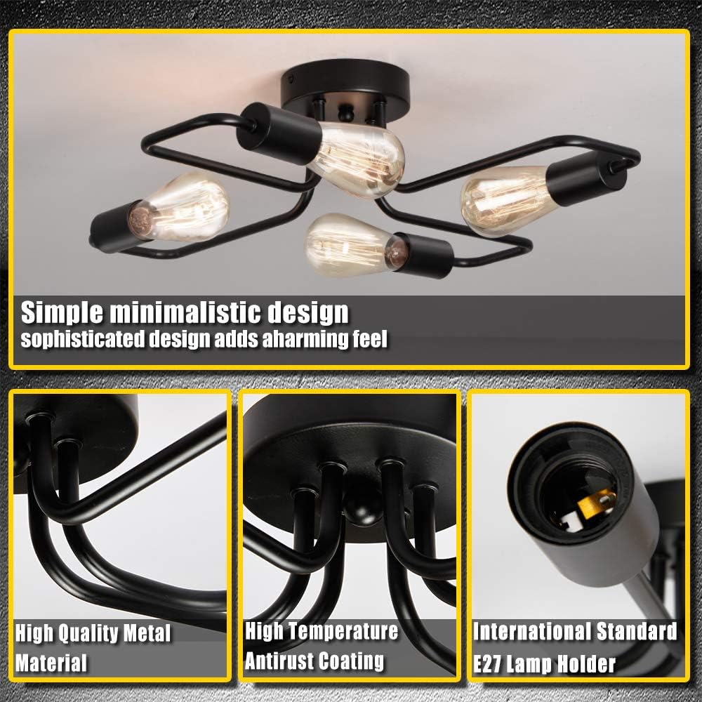 Vintage 4-Light Black Rustic Semi-Flush Ceiling Chandelier