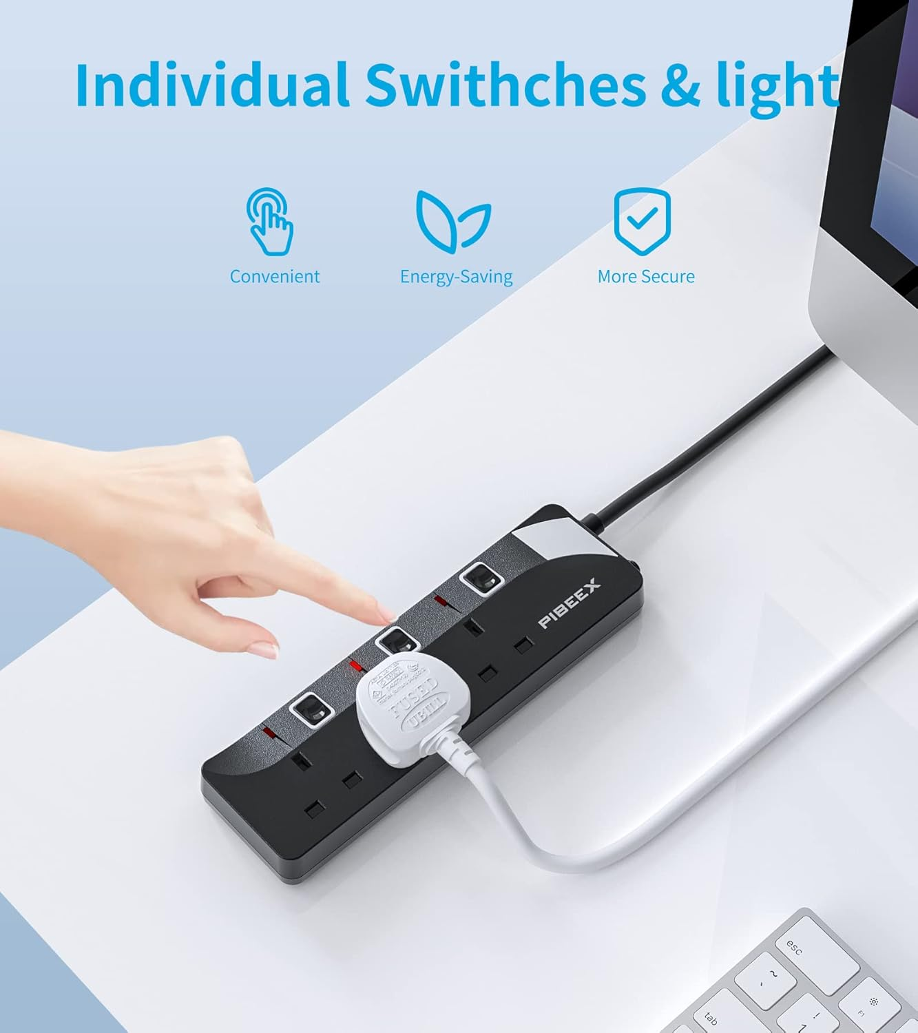 3 Way Extension Lead with Individual Switches – 1.5M Cable, 13A Fused, 3250W, Wall Mountable
