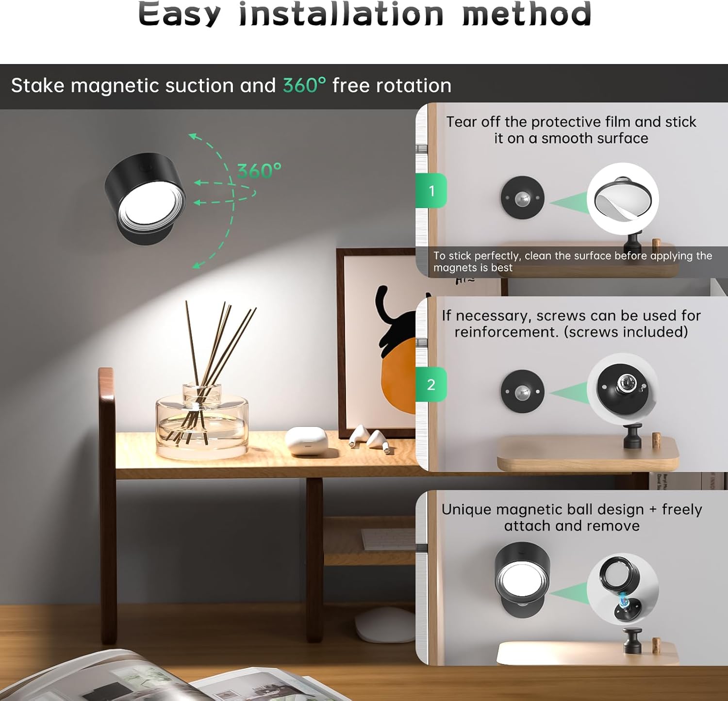 Rechargeable LED Wall Lights – Remote, Dimmable, 360° Rotation