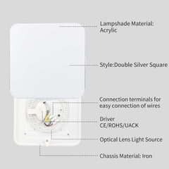 Ceiling Light 12W Silver-Rimmed Square, 6500K Cool White Indoor Ultra-Thin Flush Mount Ceiling Lights