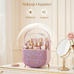 Rhinestone Pink Makeup Organizer with Drawers – Large Dustproof Cosmetic Box