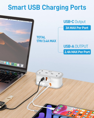 2-Way Extension Lead with 3 USB Ports & Retractable USB-C Cable, 1.5M Power Strip