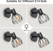 Adjustable Industrial Black Metal Cage Wall Lights, 2 Pack