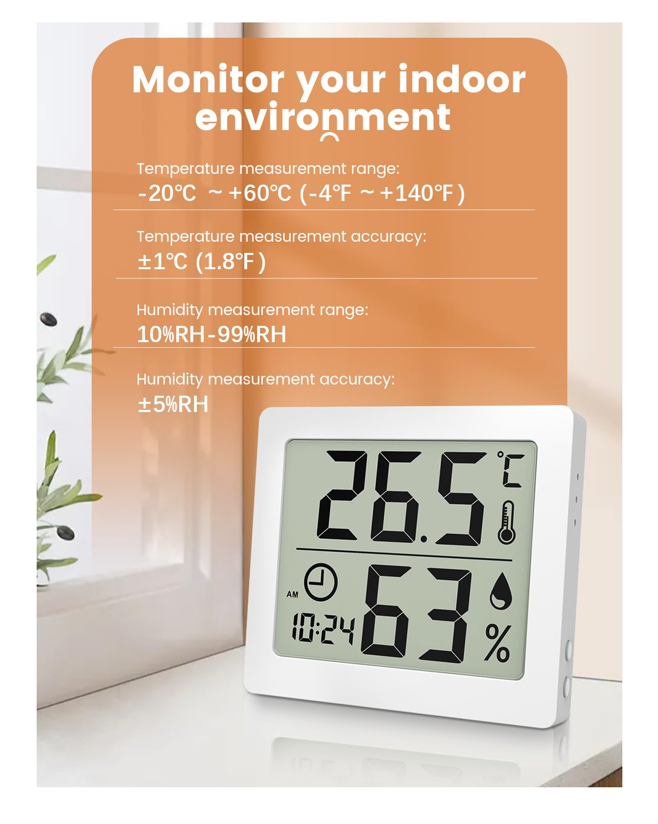 Digital Thermo-Hygrometer with Clock, Temperature & Humidity Monitor (White)