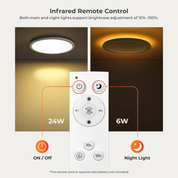 Dimmable LED Ceiling Light 24W with Remote – Adjustable Color Temperature (3000K-6500K) & Night Light Mode for Bedroom, Living Room, Kitchen
