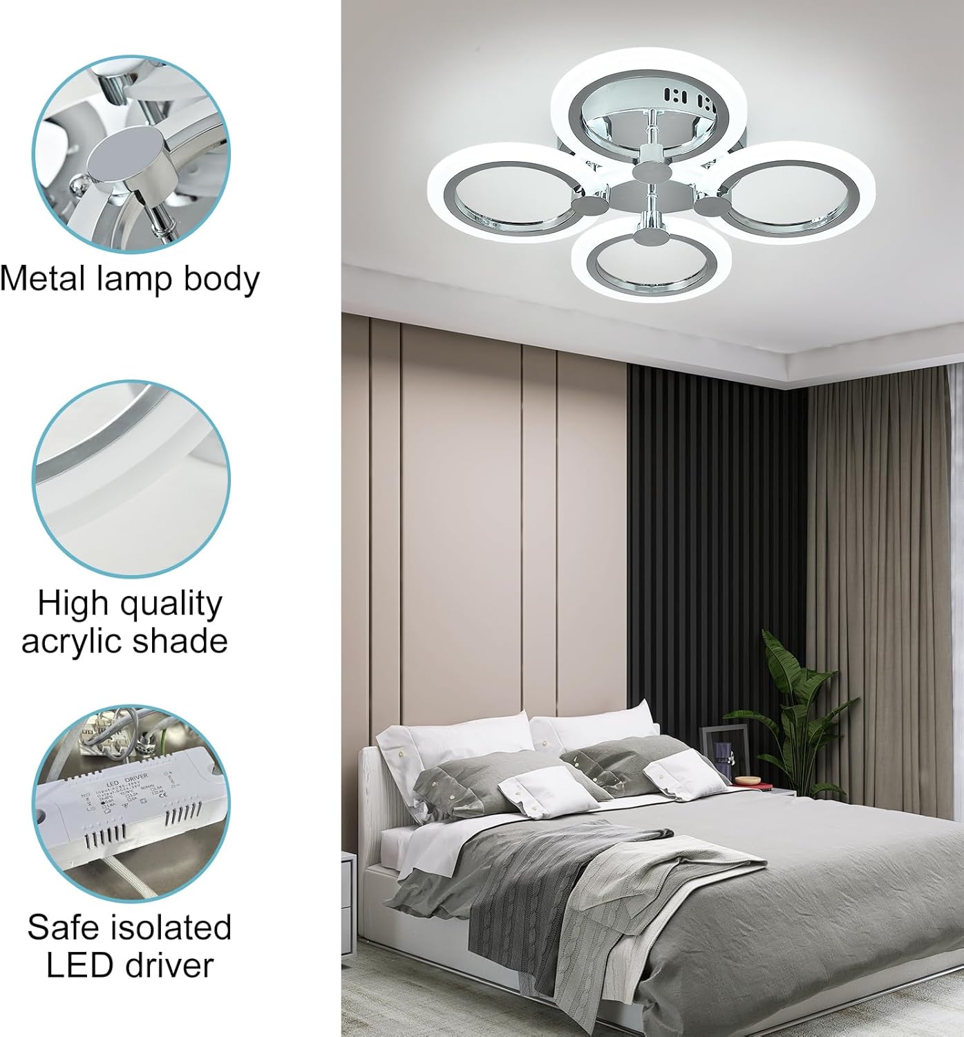 Modern 4-Ring LED Ceiling Light, Chrome, 6500K Daylight