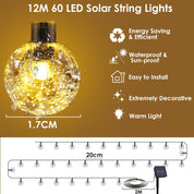 Solar Garden String Lights – 60 LED Crystal Ball, 12M, 8 Modes, IP65 Waterproof, Warm White