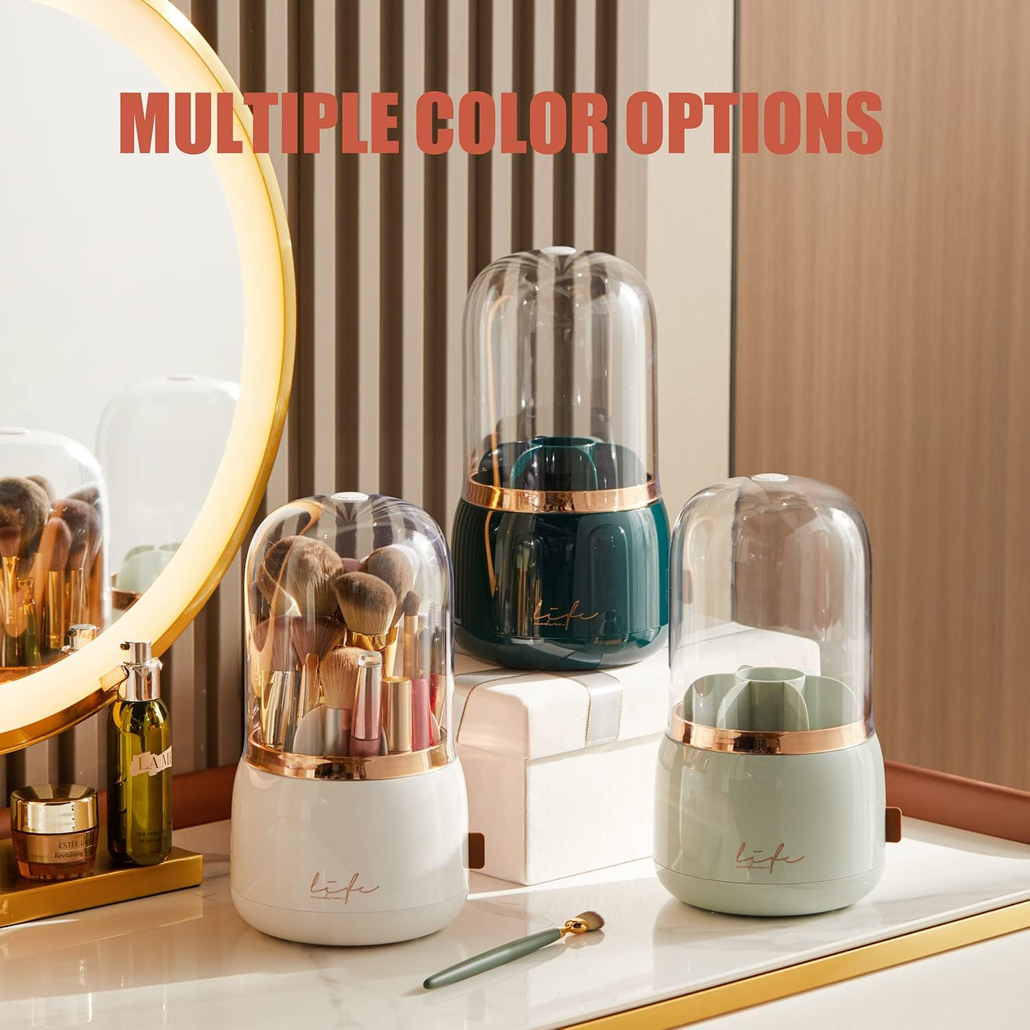 360° Rotating Makeup Organizer with Dustproof Lid – Acrylic Brush & Cosmetic Holder (White)