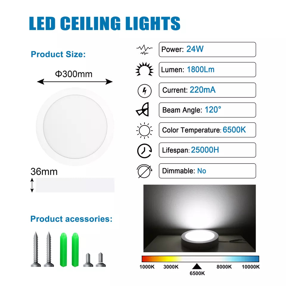 LED Round Ceiling Light – 10W-24W, Cool White