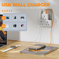3-Way Extension Plug Socket with USB Ports, Multi Plug Power Strip for Home & Office