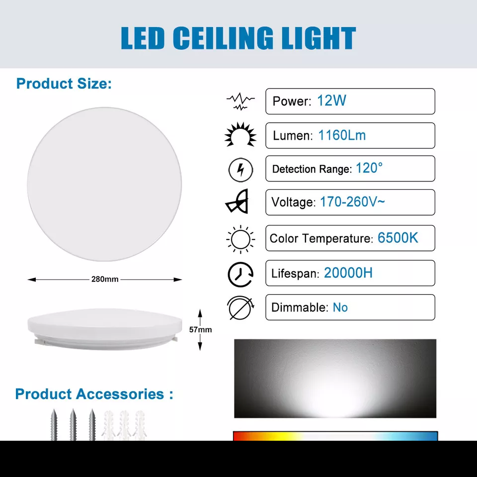 Modern Round LED Ceiling Light – 12W/18W, Waterproof, 6500K