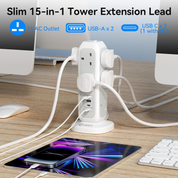 15-Way Tower Extension Lead with 4 USB Ports & 20W USB-C Fast Charger, 2M Cable