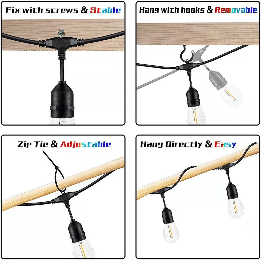48FT Outdoor LED String Lights, S14 Festoon Lights with 15 E27 Sockets, IP65 Waterproof, 2700K Warm White for Garden, Patio, Party