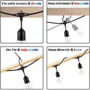 48FT Outdoor LED String Lights, S14 Festoon Lights with 15 E27 Sockets, IP65 Waterproof, 2700K Warm White for Garden, Patio, Party