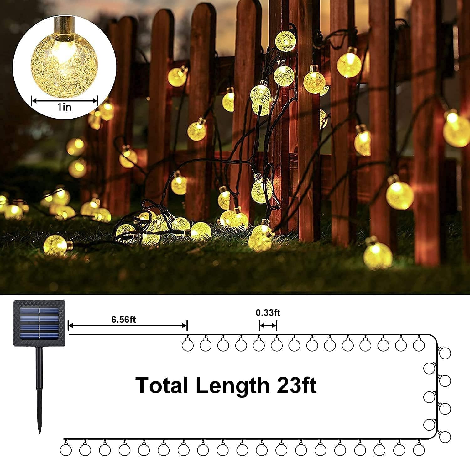 Solar Crystal Ball String Lights – 50 LED, 24FT, Waterproof