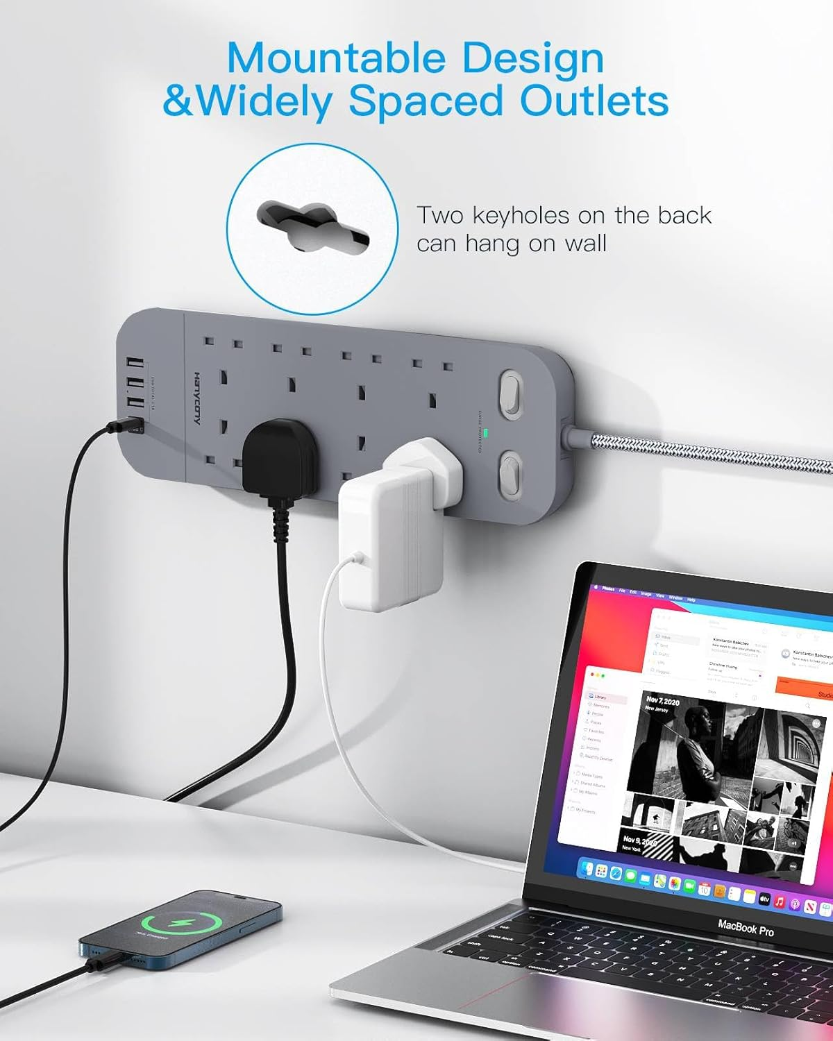 8 Way 5M Extension Lead with Surge Protection & Dual Switches, Grey Power Strip