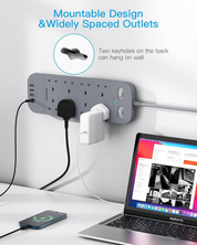 8 Way 5M Extension Lead with Surge Protection & Dual Switches, Grey Power Strip