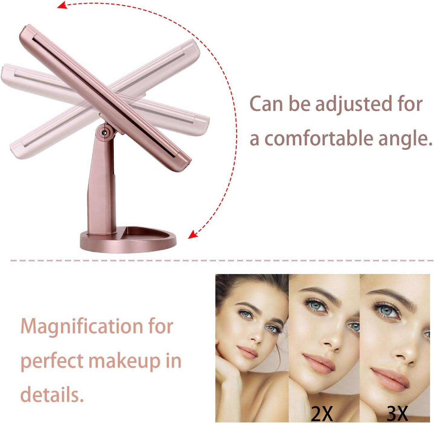 DeWEISN Lighted Makeup Vanity Mirror – 21 LED, 3X/2X/1X Magnification, Rose Gold