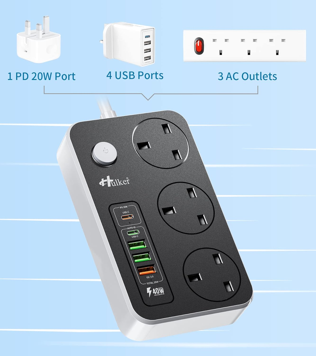3 Way Extension Lead with USB-C & Fast Charge Ports – 5 USB, 2M Power Strip 3250W