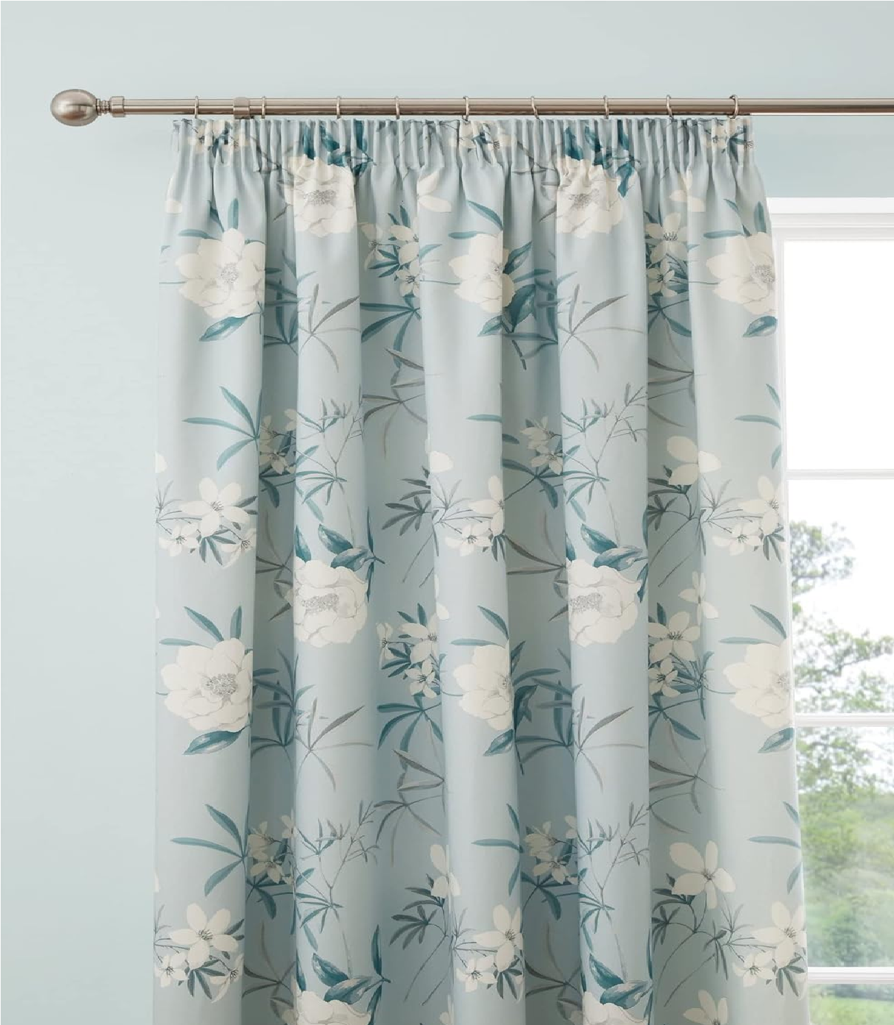 Duck Egg Floral Cotton Curtains 46x72" – Pencil Pleat Vintage Drapes with Tiebacks