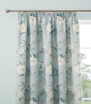 Duck Egg Floral Cotton Curtains 46x72" – Pencil Pleat Vintage Drapes with Tiebacks
