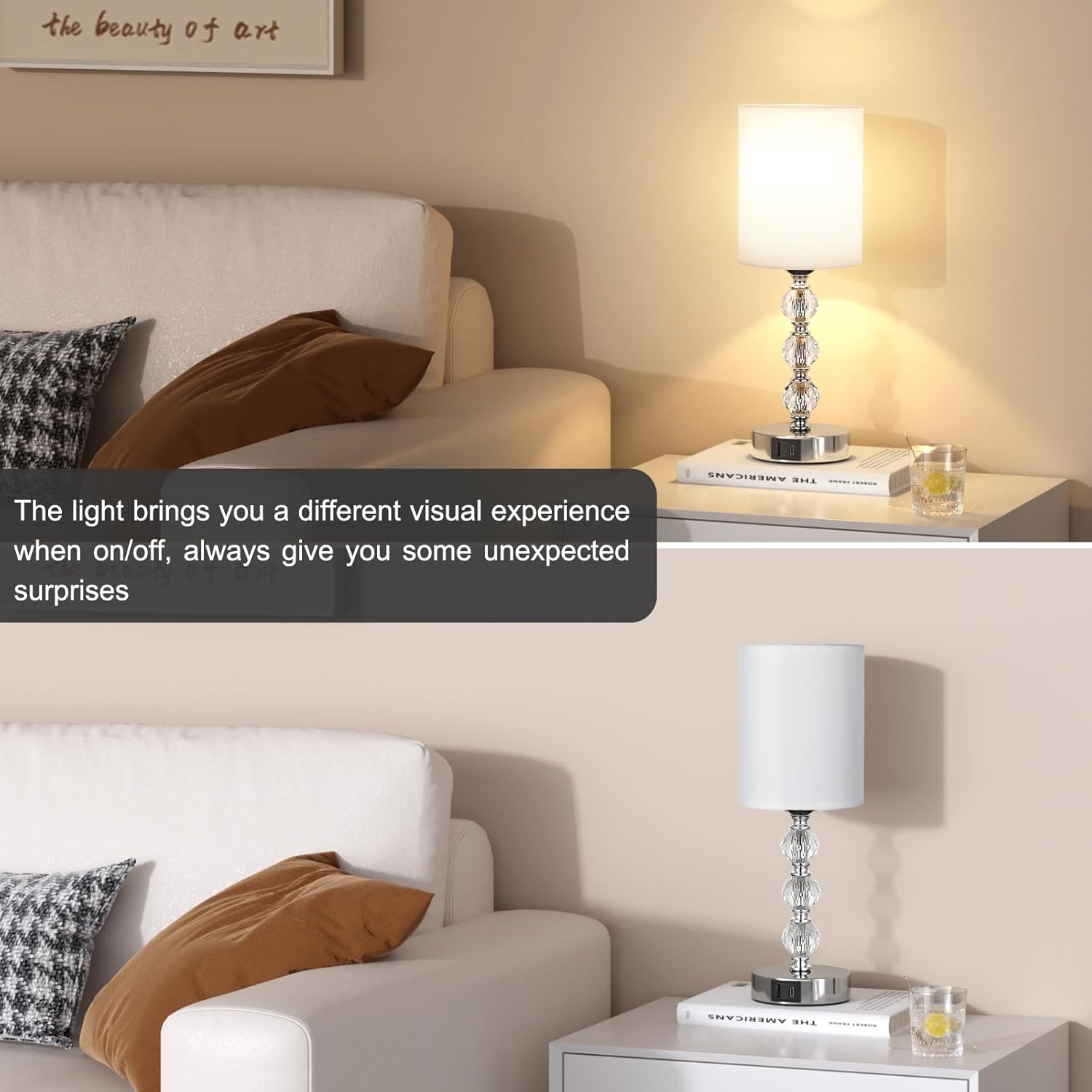 Crystal Touch Bedside Lamp with USB-C & Dimmable Light