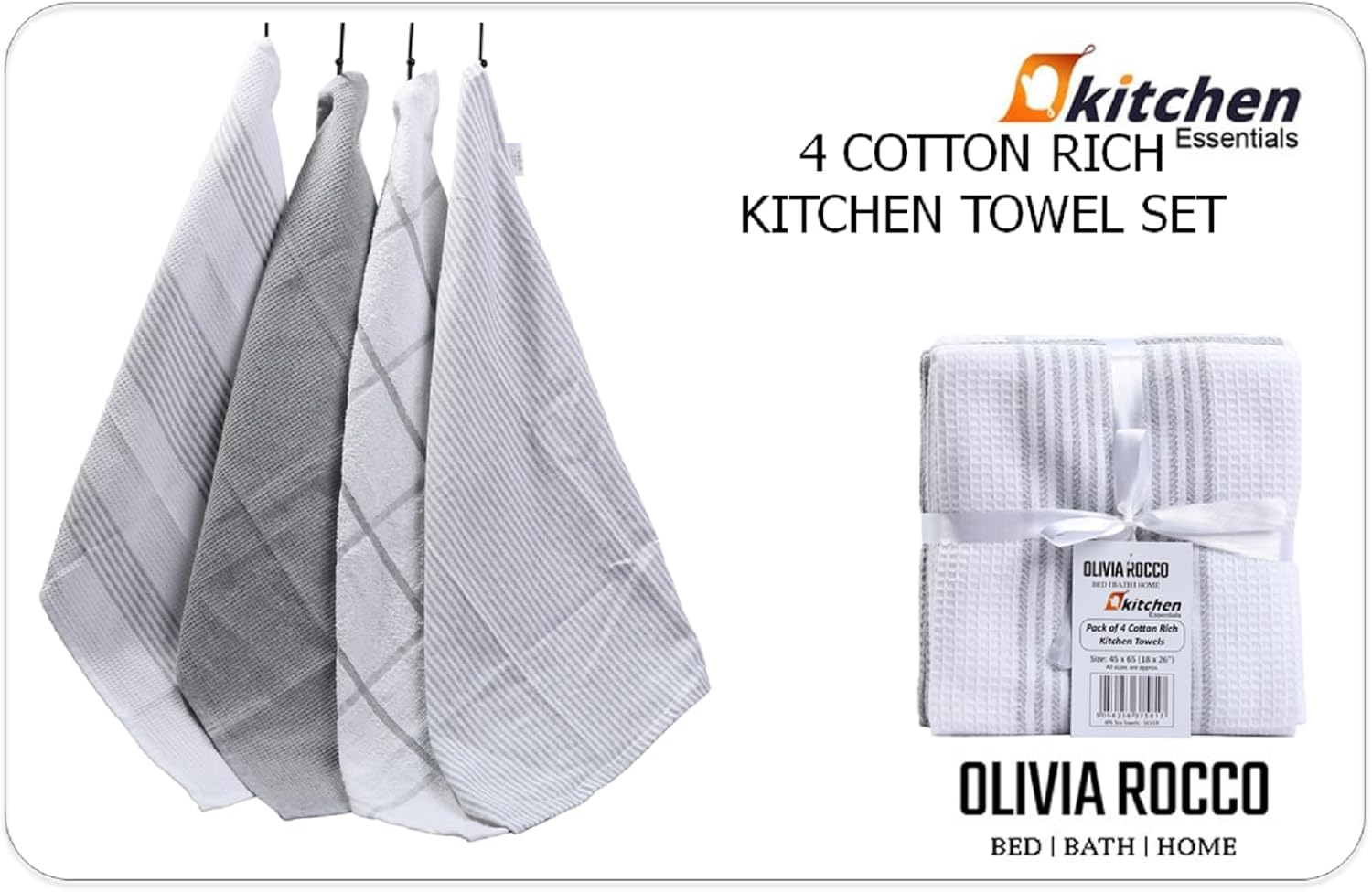 4 Pack Cotton Tea Towels – Absorbent & Durable Kitchen Dish Cloths, Silver