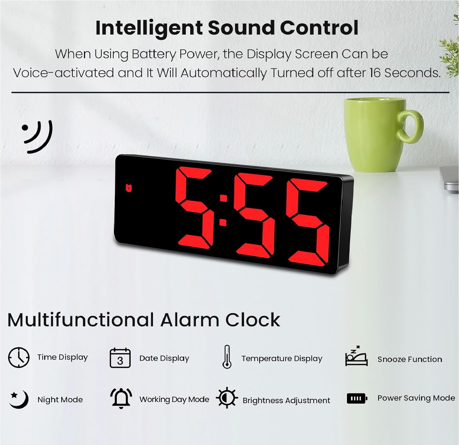 Digital LED Alarm Clock with Snooze, Temperature & Adjustable Brightness (Red)
