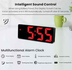 Digital LED Alarm Clock with Snooze, Temperature & Adjustable Brightness (Red)