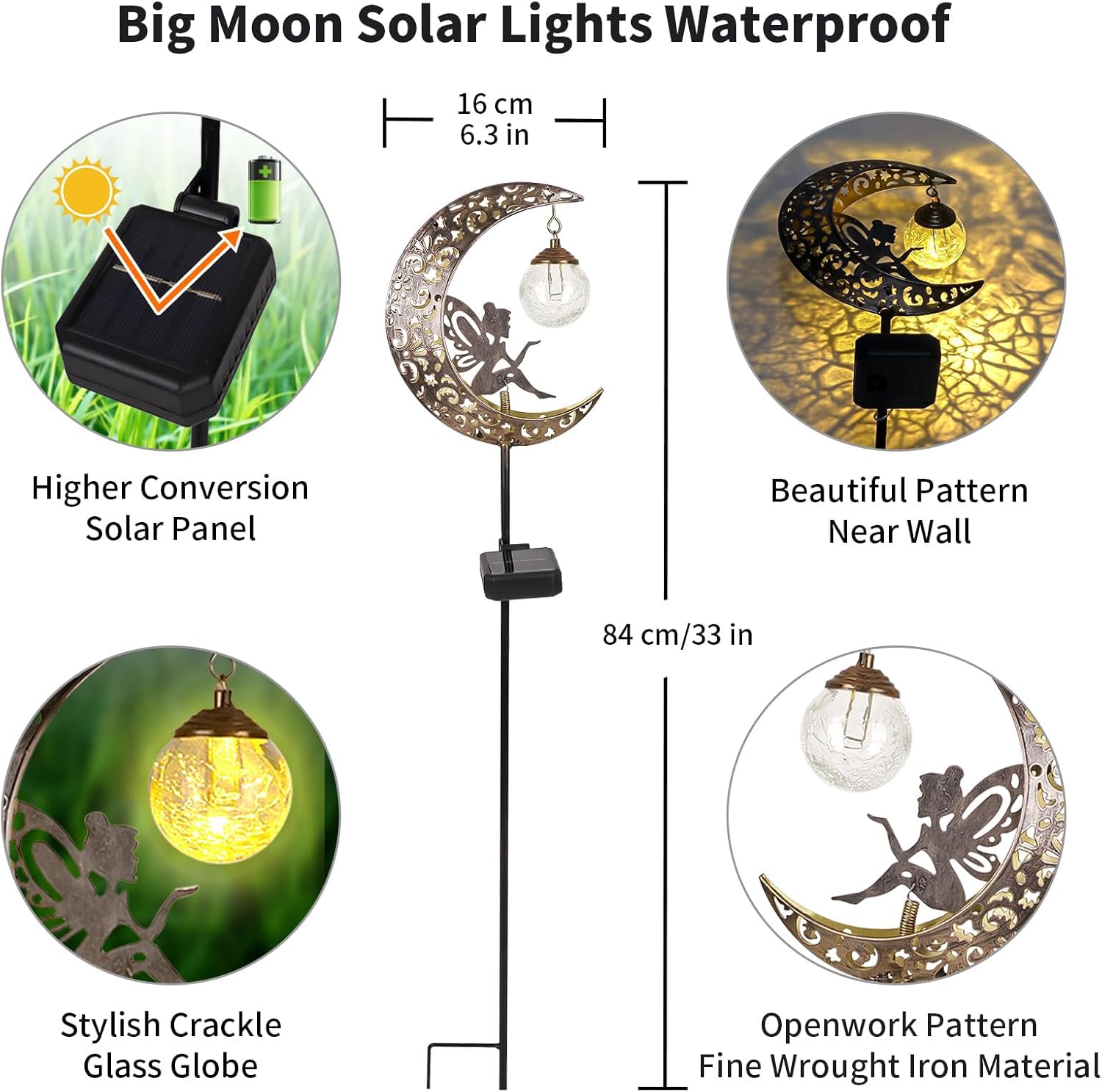 Solar Lights Outdoor Garden Ornaments – Moon Fairy Solar Crackle Glass Lights, Waterproof LED Metal Stake Light for Patio, Lawn & Pathway Decorations