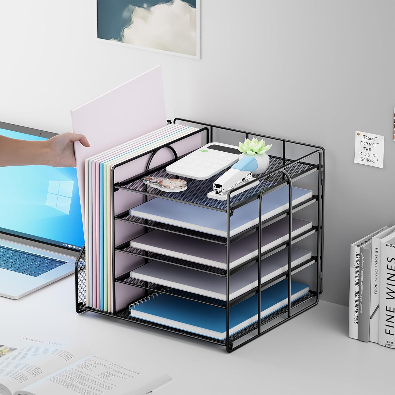 5-Tier Mesh Desk Organiser with File Holder – Office Paper Tray & Storage Rack