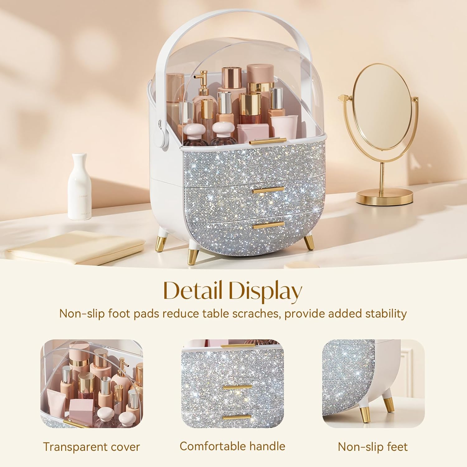 Large Multifunctional Makeup Organizer with Drawers – Dustproof Cosmetic Storage Box